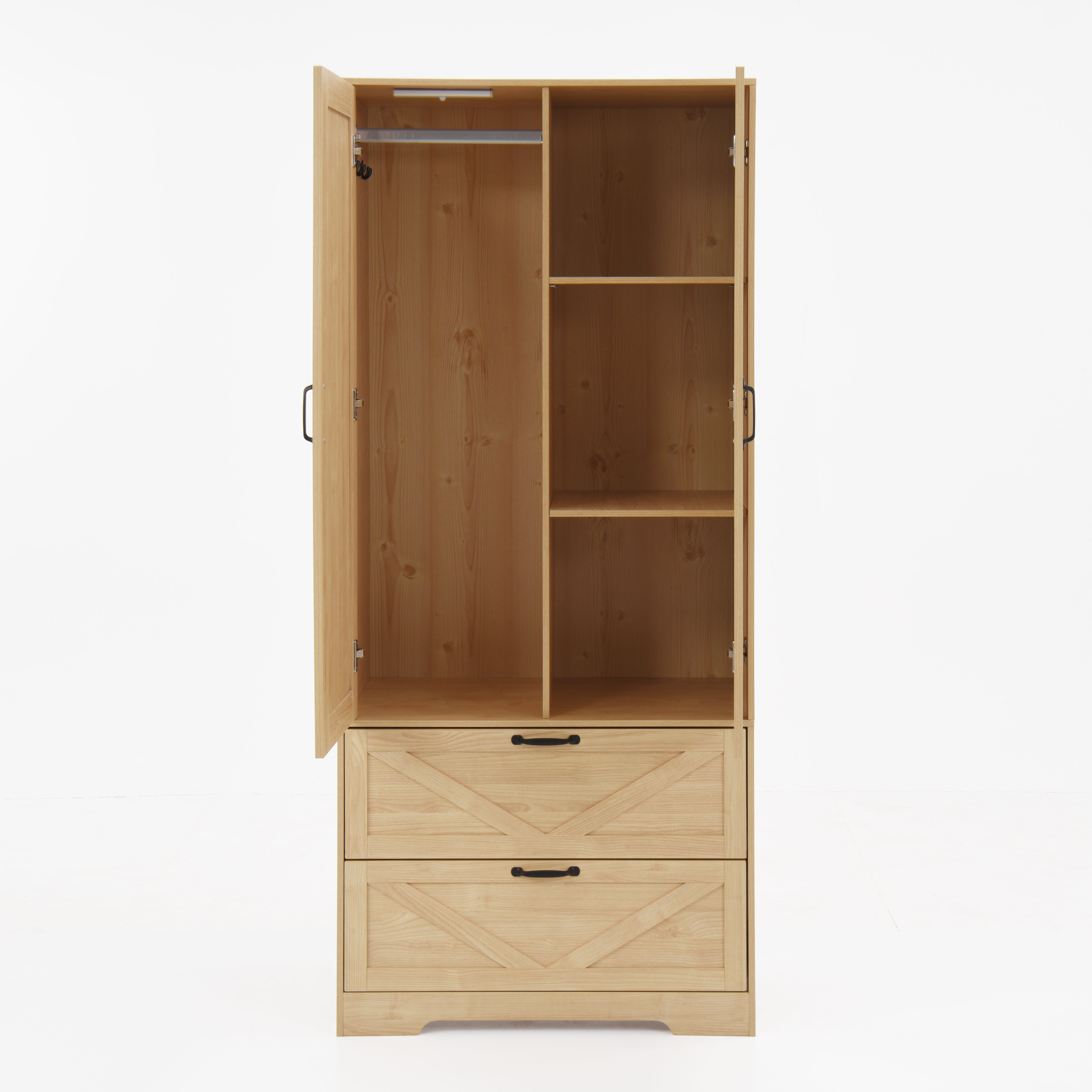 Smart Wooden Wardrobe Closet with Mirror & Auto Sensor Light – Space-Saving Storage Solution
