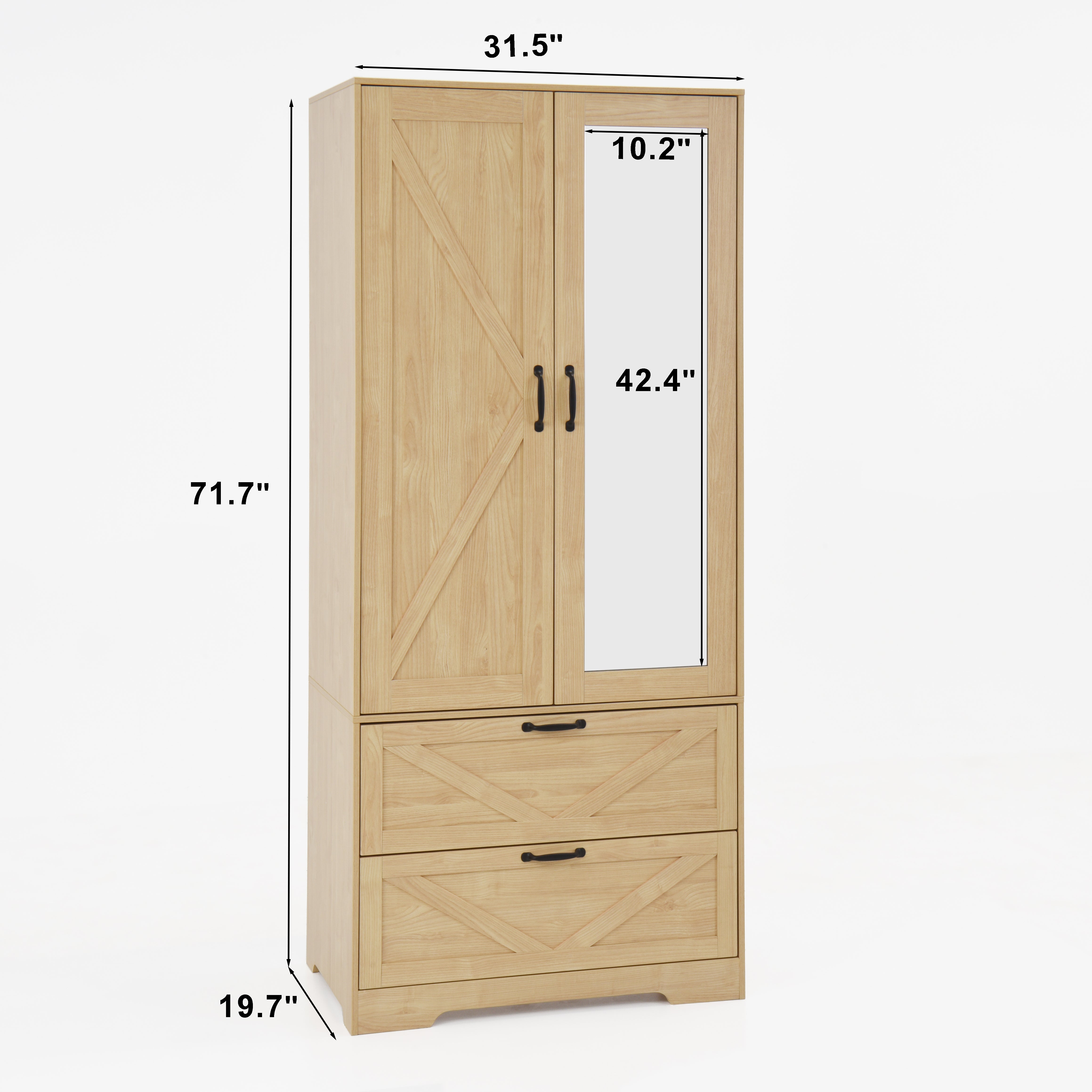 Smart Wooden Wardrobe Closet with Mirror & Auto Sensor Light – Space-Saving Storage Solution
