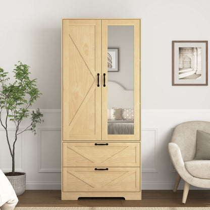 Smart Wooden Wardrobe Closet with Mirror & Auto Sensor Light – Space-Saving Storage Solution